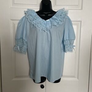 Vintage Malco Modes Shirt  Womens L Baby Blue Lace Trimmed Puff Sleeve 80s Top